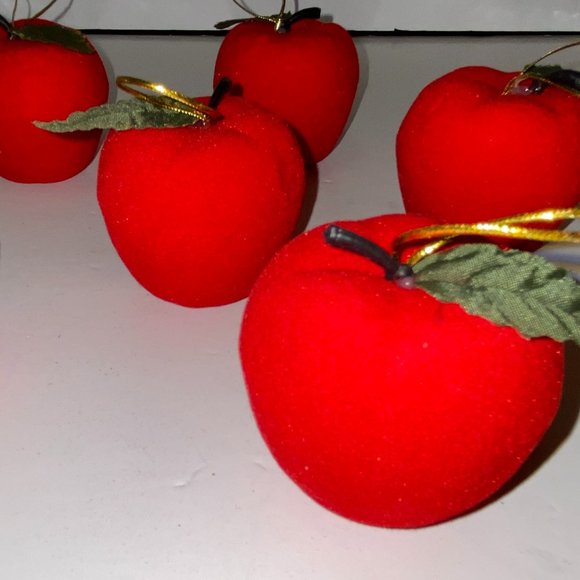 6 Vintage Flocked Red Apple Christmas Tree Ornaments - Picture 2 of 4